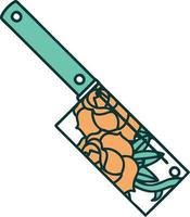 imagen icónica de estilo tatuaje de una cuchilla y flores vector