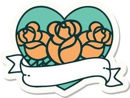 sticker of tattoo in traditional style of a heart and banner with flowers vector