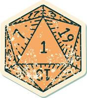 Retro Tattoo Style natural 1 D20 dice roll vector