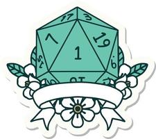 sticker of a natural one d20 dice roll vector