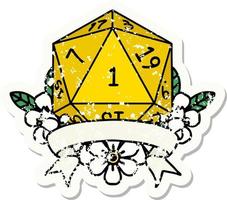 Retro Tattoo Style natural one d20 dice roll vector