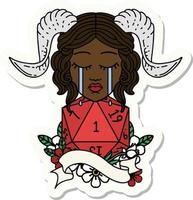 sticker of a crying tiefling with natural one D20 roll vector