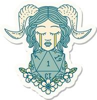 sticker of a crying tiefling with natural one D20 dice roll vector