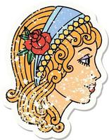 distressed sticker tattoo in traditional style of a gypsy head vector