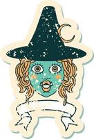 Retro Tattoo Style half orc witch character face with banner vector