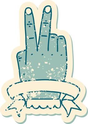 Retro Tattoo Style victory v hand gesture with banner