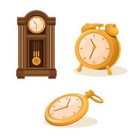 Clock, cabinet clock and pocket watch object set illustration vector