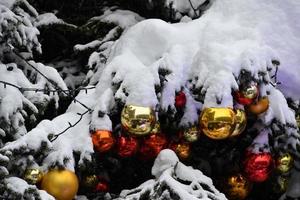 detalle de la bola del árbol de navidad de navidad de cerca bajo la nieve foto