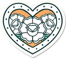 sticker of tattoo in traditional style of a heart and flowers vector