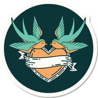 sticker of tattoo in traditional style of swallows and a heart with banner vector