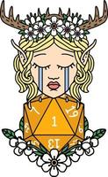 Retro Tattoo Style crying elf druid character face with natural one D20 roll vector