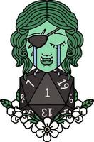 Retro Tattoo Style crying half orc rogue character with natural one D20 roll vector