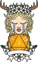 Retro Tattoo Style sad elf druid character face with natural one D20 roll vector