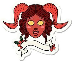 sticker of a tiefling character face with scroll banner vector