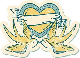 iconic distressed sticker tattoo style image of swallows and a heart with banner vector