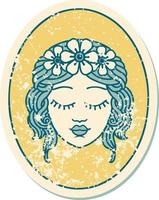 iconic distressed sticker tattoo style image of a maiden with eyes closed vector