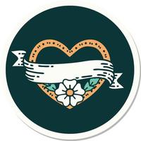 sticker of tattoo in traditional style of a heart and banner with flowers vector