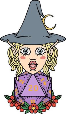 Retro Tattoo Style elf mage character with natural twenty dice roll