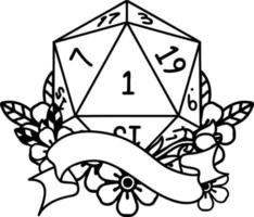 Black and White Tattoo linework Style natural one d20 dice roll vector