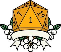 Retro Tattoo Style natural one d20 dice roll vector