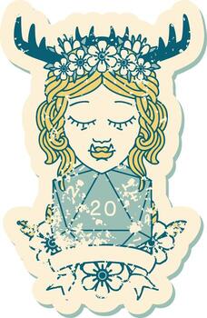 Retro Tattoo Style orc druid character with natural twenty dice roll vector