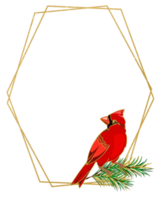 marco dorado con cardenal rojo, ilustración navideña. marco geométrico de follaje dorado de navidad png