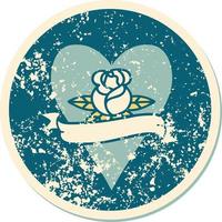 icónica imagen de estilo de tatuaje de pegatina angustiada de una rosa de corazón y pancarta vector