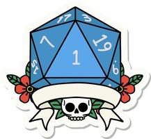 sticker of a natural one d20 dice roll vector