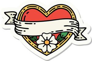 sticker of tattoo in traditional style of a heart and banner with flowers vector