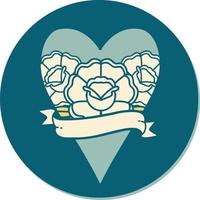 sticker of tattoo in traditional style of a heart and banner with flowers vector