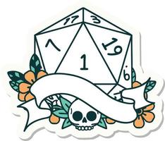 sticker of a natural one d20 dice roll vector