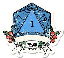 grunge sticker of a natural one d20 dice roll vector