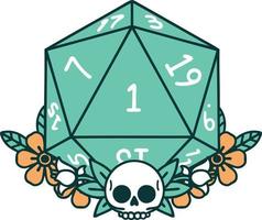 Retro Tattoo Style natural one dice roll with floral elements vector