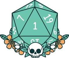 Retro Tattoo Style natural one dice roll with floral elements vector