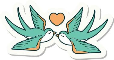 sticker of tattoo in traditional style of swallows and a heart vector