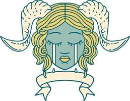 Retro Tattoo Style crying tiefling character face with scroll banner vector