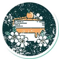 iconic distressed sticker tattoo style image of a slice of cake and flowers vector