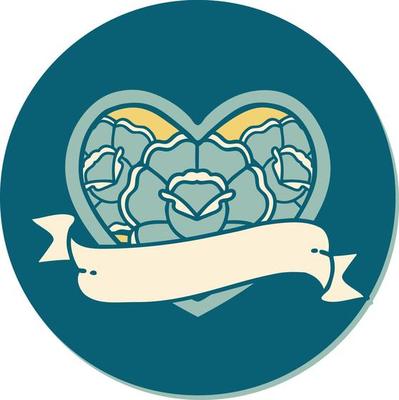 sticker of tattoo in traditional style of a heart and banner with flowers