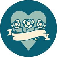 iconic tattoo style image of a heart and banner with flowers vector