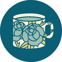 iconic tattoo style image of a cup and flowers vector