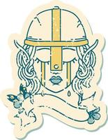 Retro Tattoo Style crying elf fighter character face vector