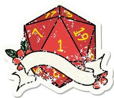 grunge sticker of a natural one d20 dice roll vector