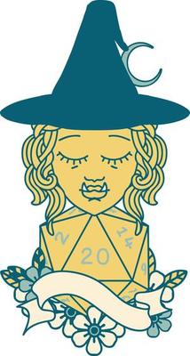 Retro Tattoo Style half orc witch character with natural twenty dice roll