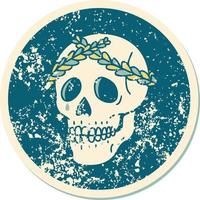 iconic distressed sticker tattoo style image of a skull with laurel wreath crown vector