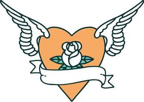 iconic tattoo style image of heart with wings a rose and banner vector