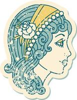 iconic distressed sticker tattoo style image of a gypsy head vector