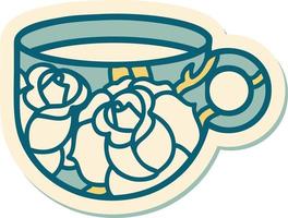 pegatina de tatuaje al estilo tradicional de una taza y flores vector