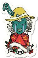 sticker of a crying orc bard character with natural one D20 roll vector