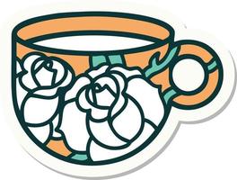 sticker of tattoo in traditional style of a cup and flowers vector