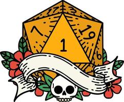 Retro Tattoo Style natural one d20 dice roll vector